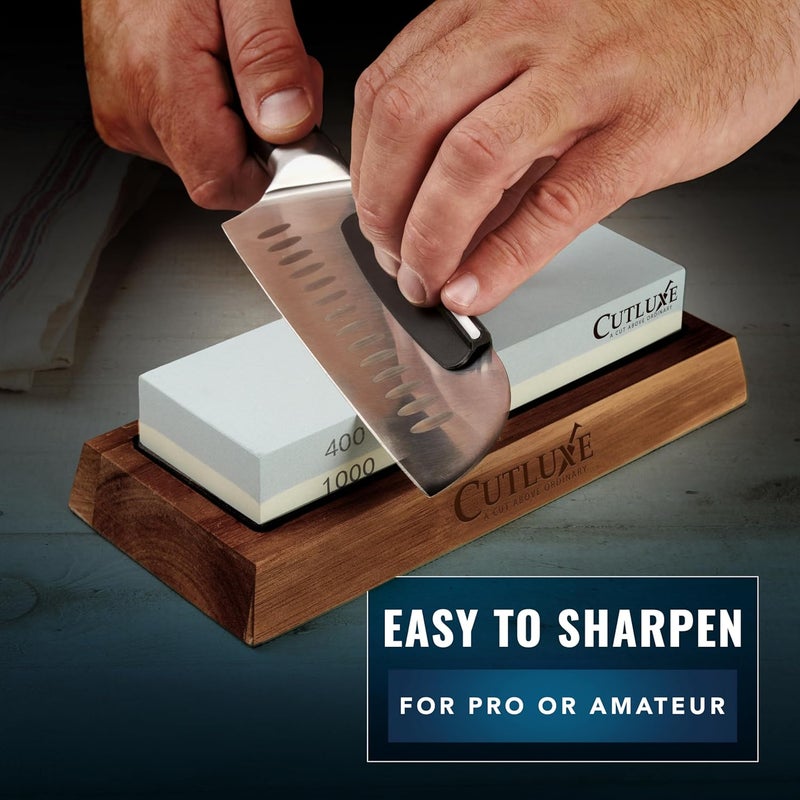 Cutluxe Whetstone Knife Sharpener – Sharpening Stone Kit, Professional 4 Side Grit 400/1000/3000/8000, Non Slip Acacia Wood Base, Angle Guide, Black Flattening Stone, Leather Strop - Image 2